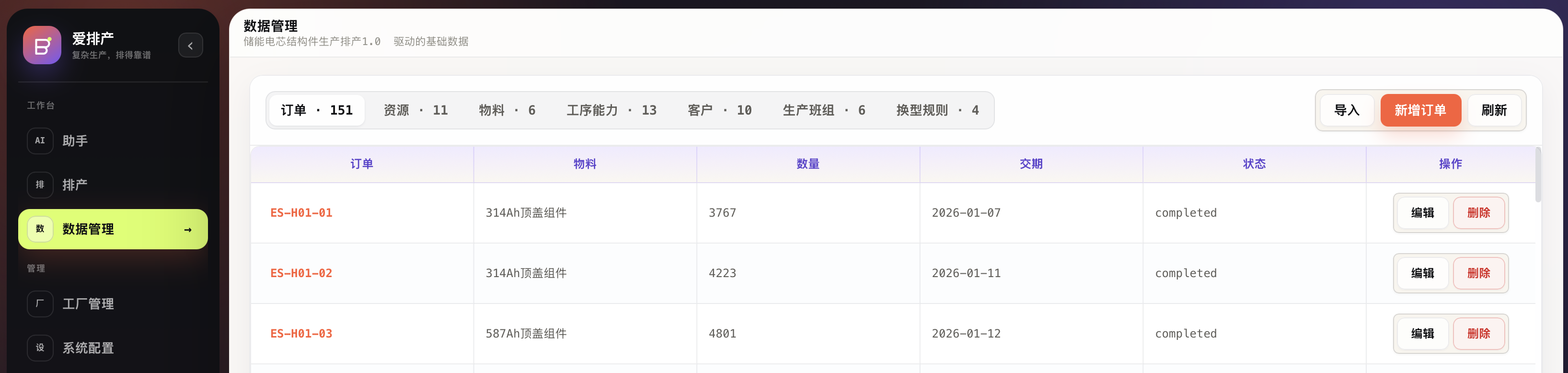 订单、物料、资源和工序能力的数据管理界面